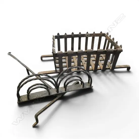 OLD CAST IRON FIRE GRATE + LONG ARM FIRE UTENSIL.