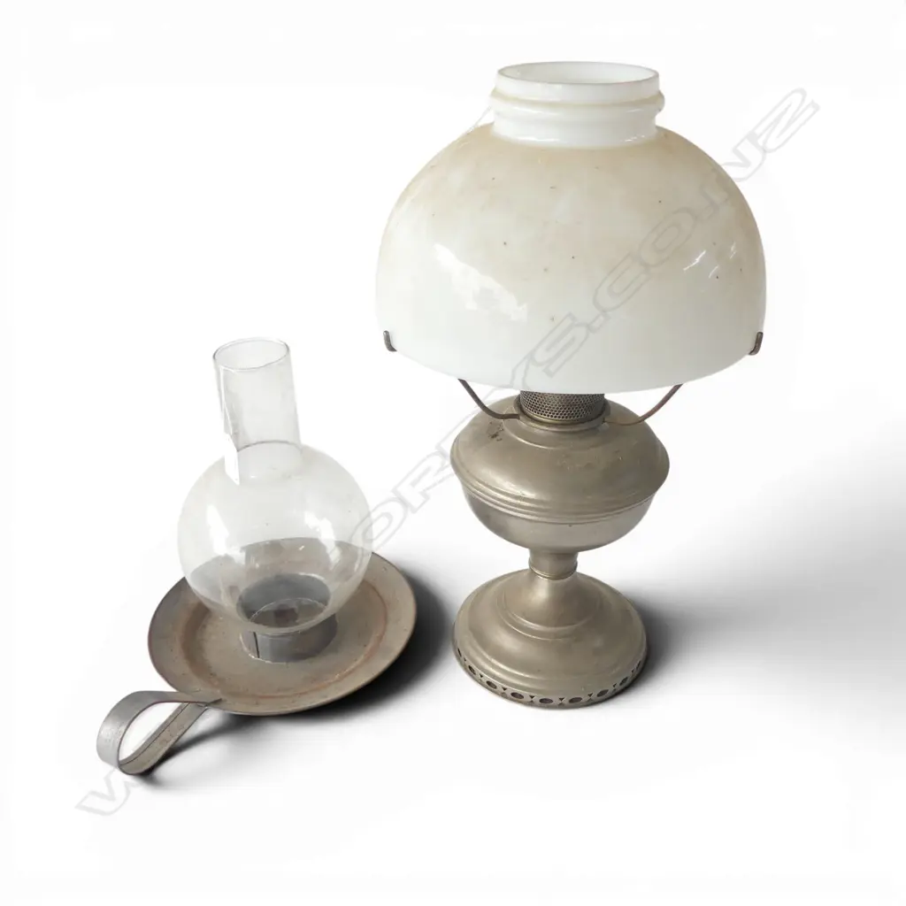 ALADIN WHITE METAL KEROSENE LAMP white glass shade + CANDLE CHAMBER STICK w lge glass shade Image 1++
