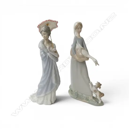 2 LLADRO FIGURINES; LADY w. PARASOL, LADY w. GOOSE H.270mm