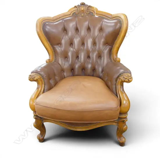 BROWN LEATHER BUTTON BACK ARMCHAIR