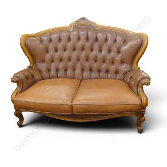 BROWN LEATHER BUTTON BACK 2 SEATER SOFA
