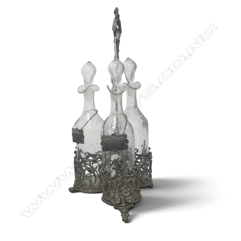 3 BOTTLE EDWARDIAN TANTALUS  WITH 2 BOTTLE TICKETS H470MM Image 1++