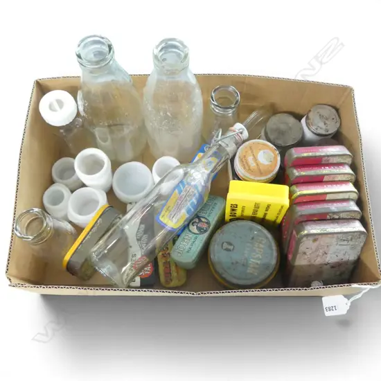 ASST. BOTTLES & TINS, PUNCTURE REPAIR KITS ETC