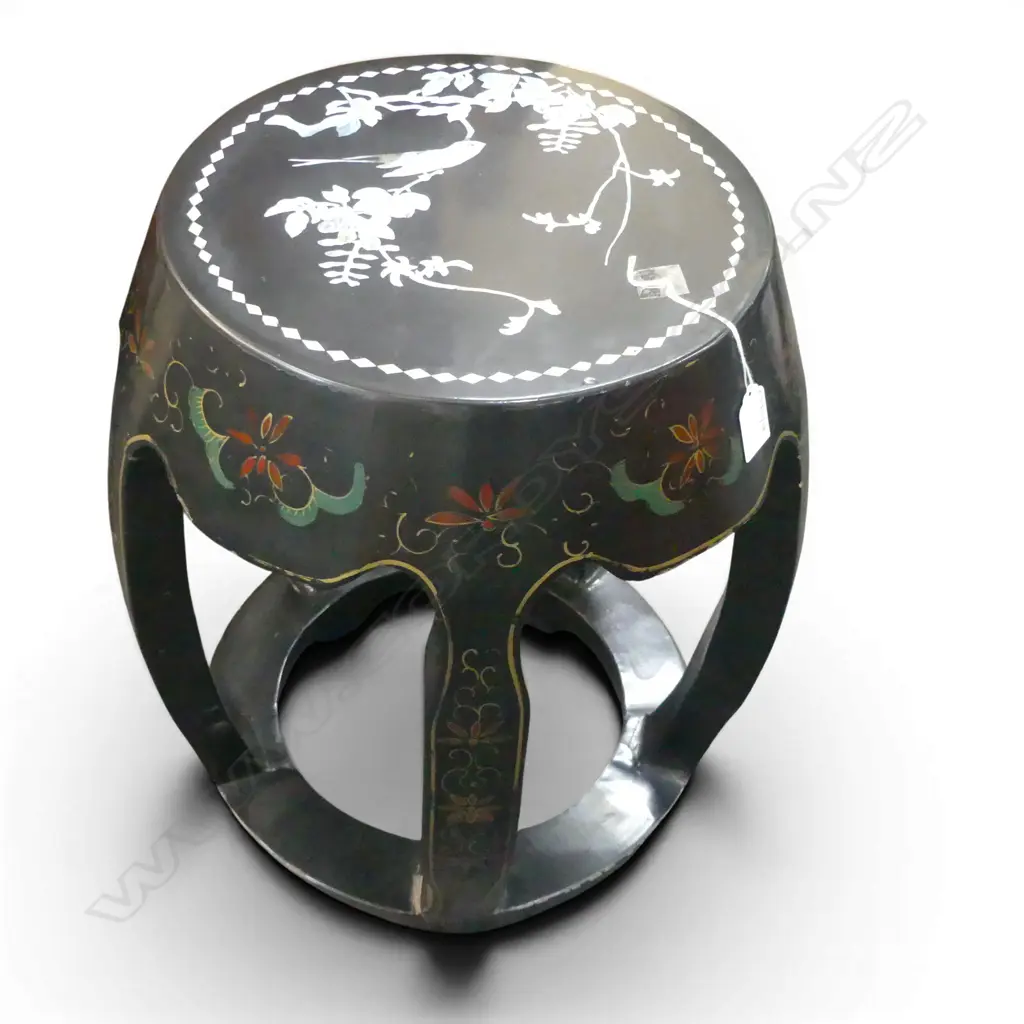 MOP INLAID LAQUERED ORIENTAL DRUM STOOL H460MM Image 1++