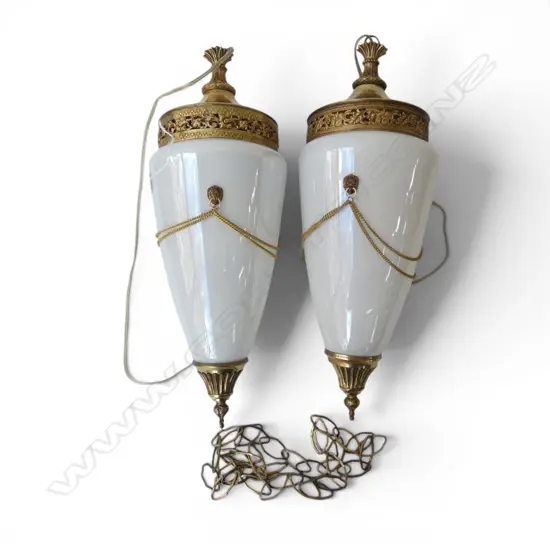 PR 1970'S Louis XVI style WHITE GLASS & GILT METAL HANGING CEILING LIGHT FITTINGS w chains + ceiling rose. H.480mm.