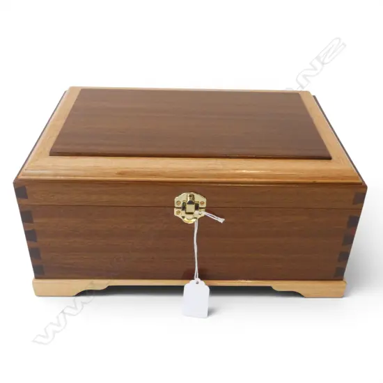 HANDMADE WOODEN BOX; MAHOGANY w. TAWA TRIM, DOVETAILED & VELVET LINED W.305mm