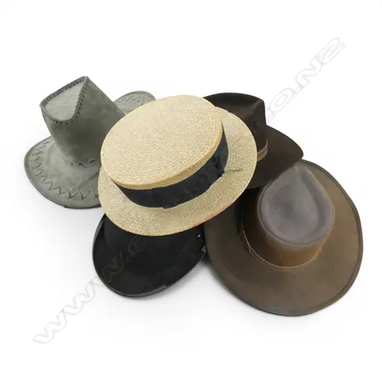 5 HATS; BOATER, BOWLER, 3 AUSSIE OUTBACK STYLE
