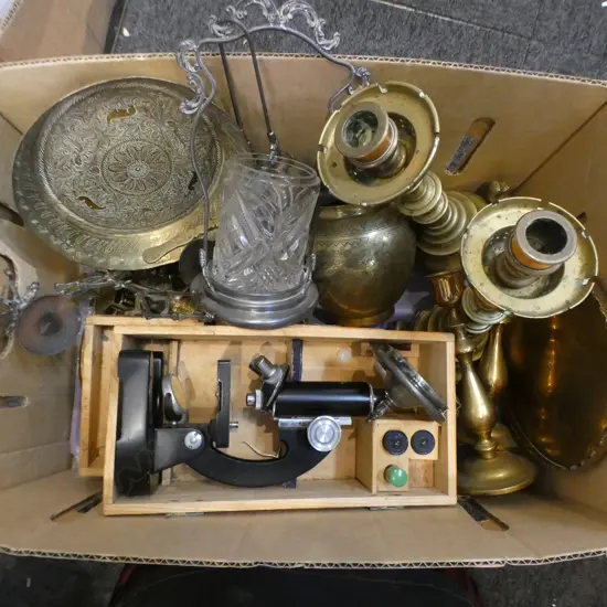 ASST BRASS, CASED MICROSCOPE ETC
