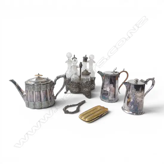 BOX LOT SILVER PLATED JUGS CRUET SET AF CIGAR HOLDER ETC