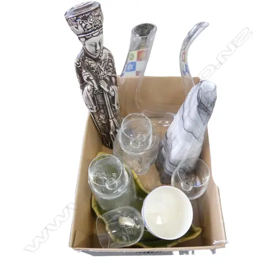 ASST. GLASSWARE, CERAMIC ORIENTAL FIGURE H.400mm, 2 EP TONGS ETC