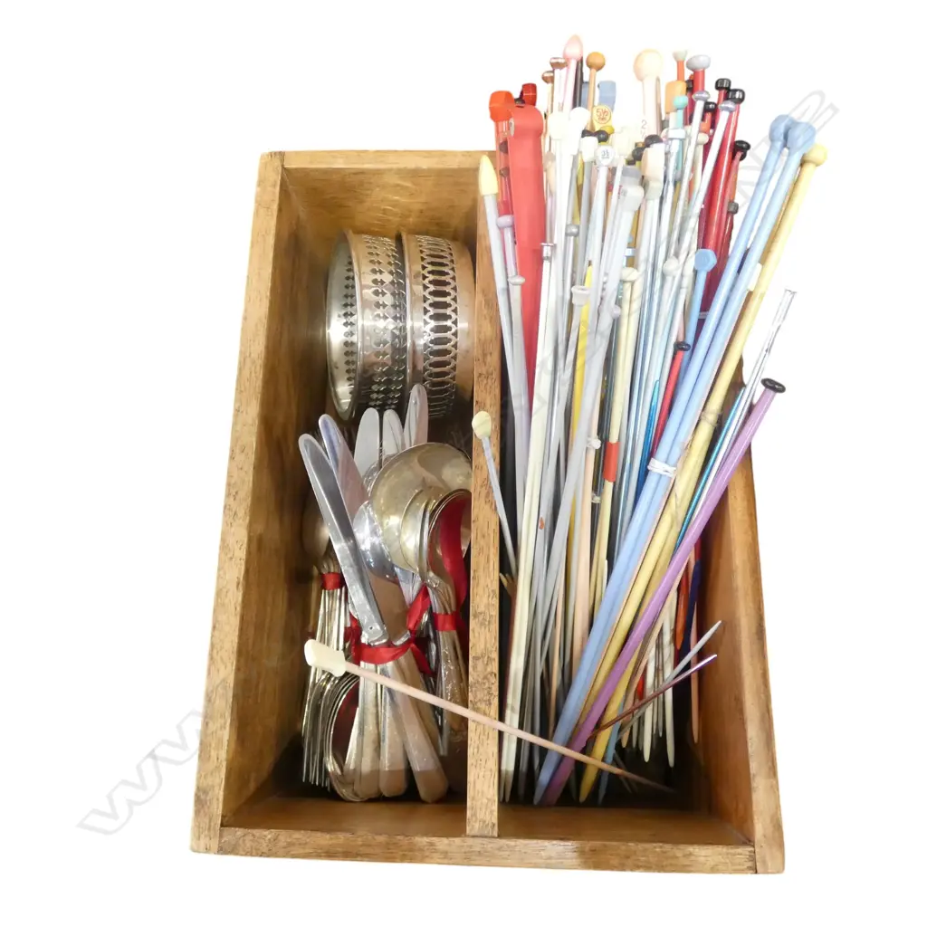 WOODEN CRATE w. KNITTING NEEDLES & ASST. EP CUTLERY Image 1++