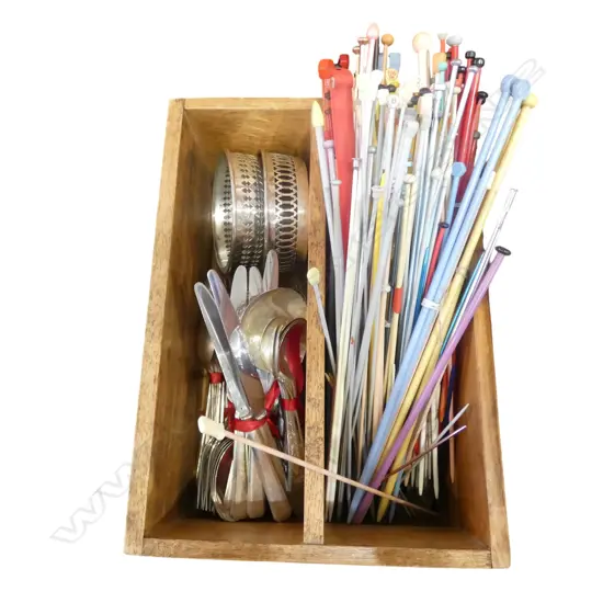 WOODEN CRATE w. KNITTING NEEDLES & ASST. EP CUTLERY