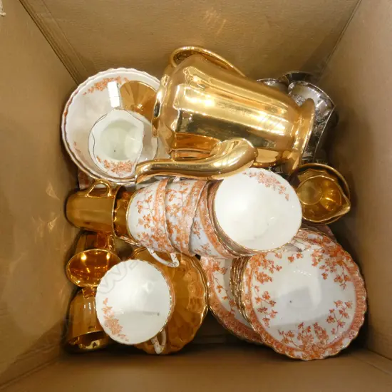 2 TEA SETS; WADE GOLD GLAZE, OTHER + 6 EP WINE GLASSES