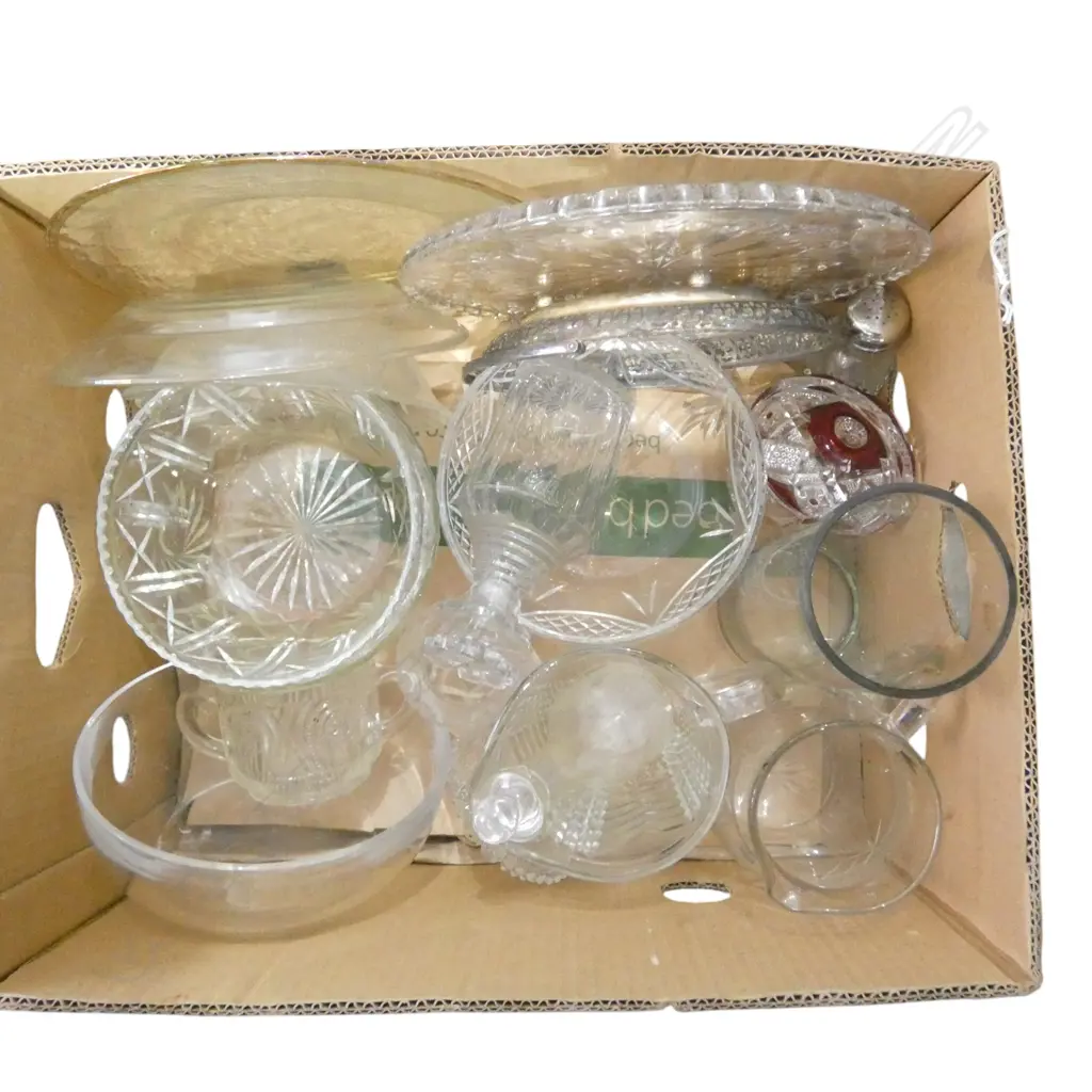 BOX OF GLASS CRYSTAL BOWLS JUGS DISHES  ANTIQUE DECANTER ETC Image 1++
