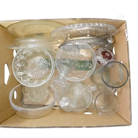 BOX OF GLASS CRYSTAL BOWLS JUGS DISHES  ANTIQUE DECANTER ETC