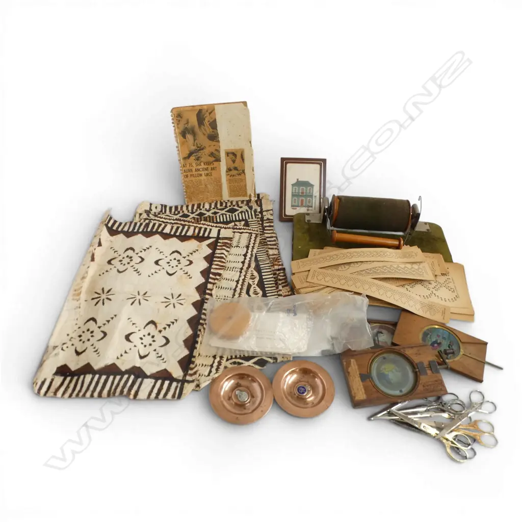 LACE MAKING LOOM, TAPA CLOTH, TOY SLIDES, SCISSORS ETC Image 1++