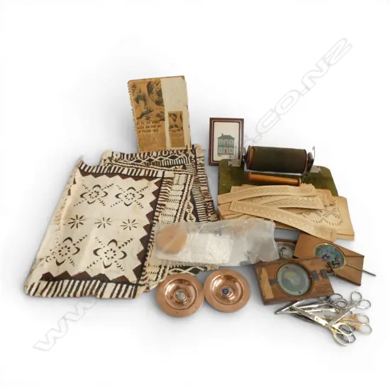 LACE MAKING LOOM, TAPA CLOTH, TOY SLIDES, SCISSORS ETC
