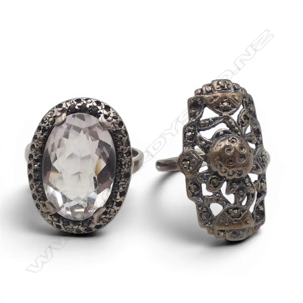 S/SILVER CLEAR STONE & MARQUISITE DRESS RING & ANOTHER MARQUISITE RING some missing marquisite Image 1++
