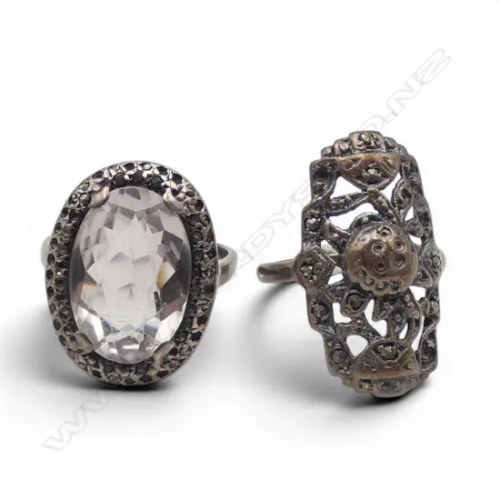 S/SILVER CLEAR STONE & MARQUISITE DRESS RING & ANOTHER MARQUISITE RING some missing marquisite