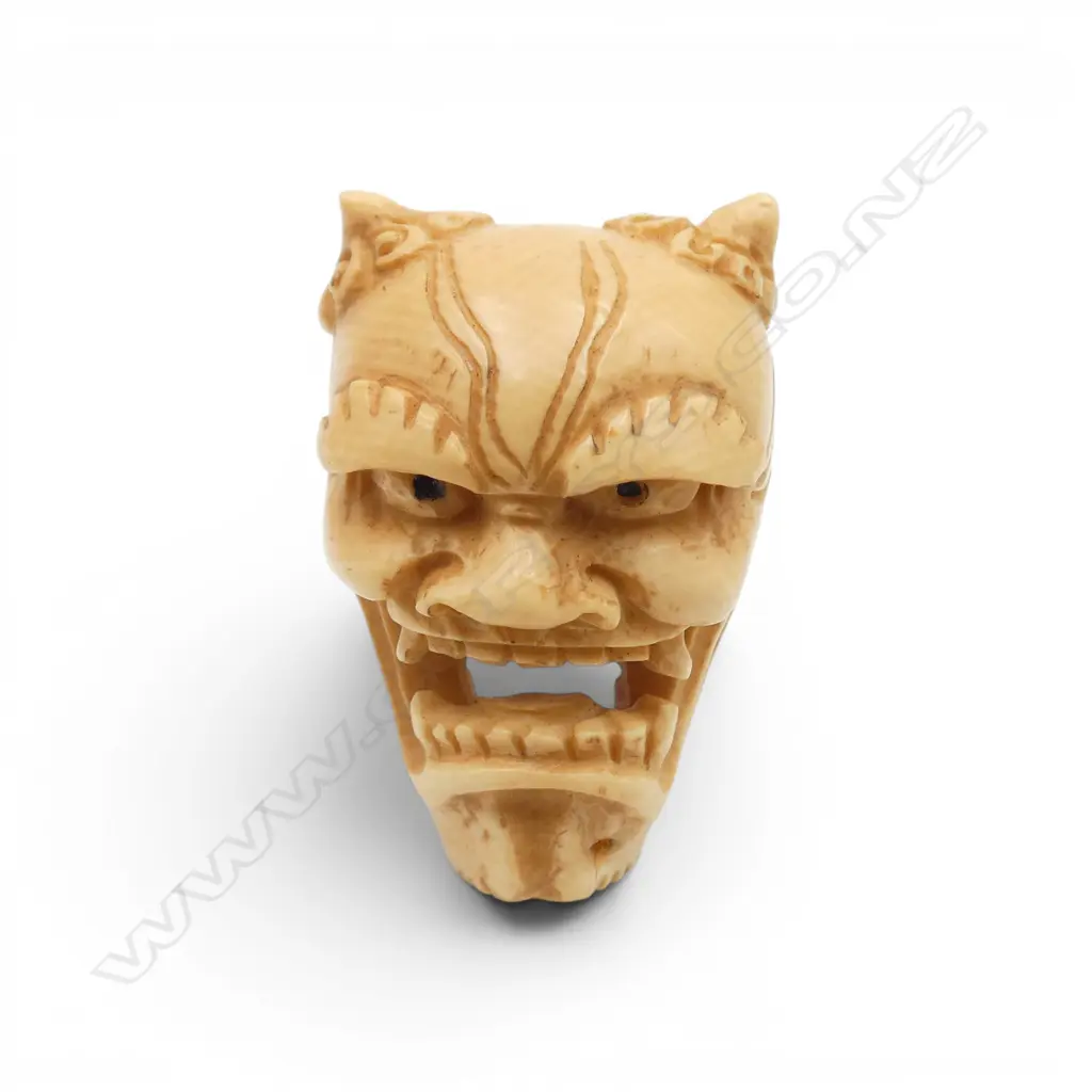 JAPANESE IVORY & SILVER HANNYA MASK RING, SIZE T1/2 or U Image 1++