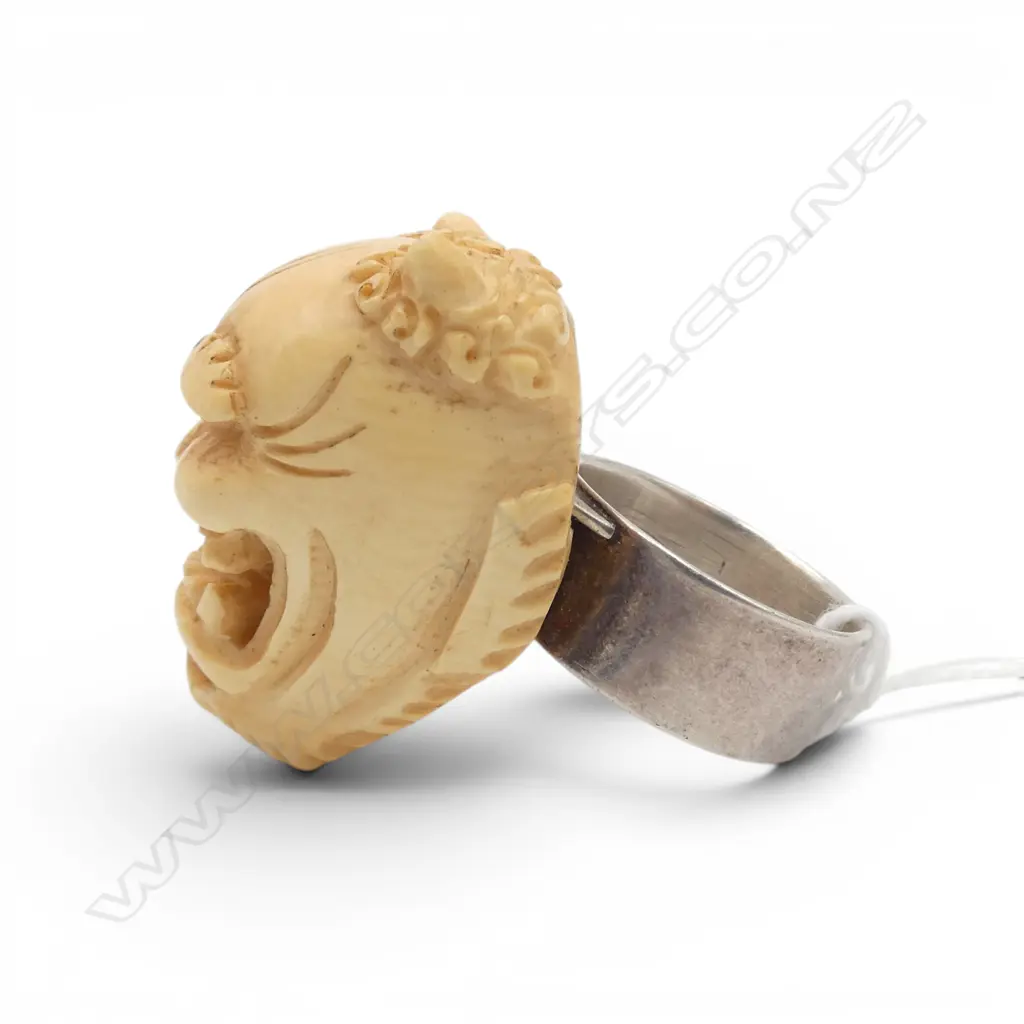 JAPANESE IVORY & SILVER HANNYA MASK RING, SIZE T1/2 or U Image 1++