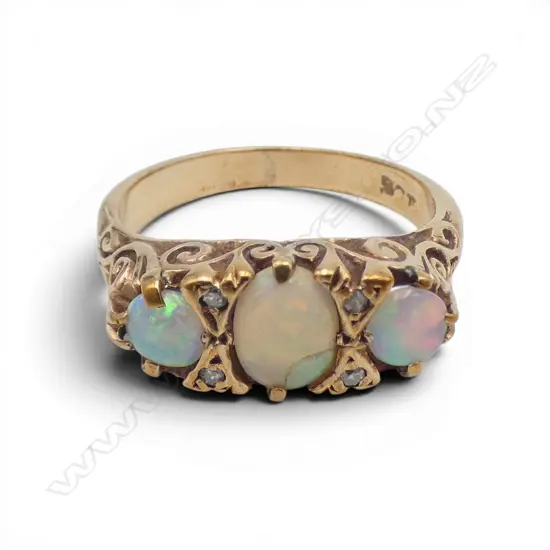 9CT GOLD & 3 STONE OPAL AND DIAMOND RING 1 STONE CHIPPED  3.9GMS