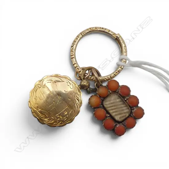 ANTIQUE 9ct & CORAL BEAD MOURNING LOCKET + 10ct LOCKET on 9ct ring. 5gms