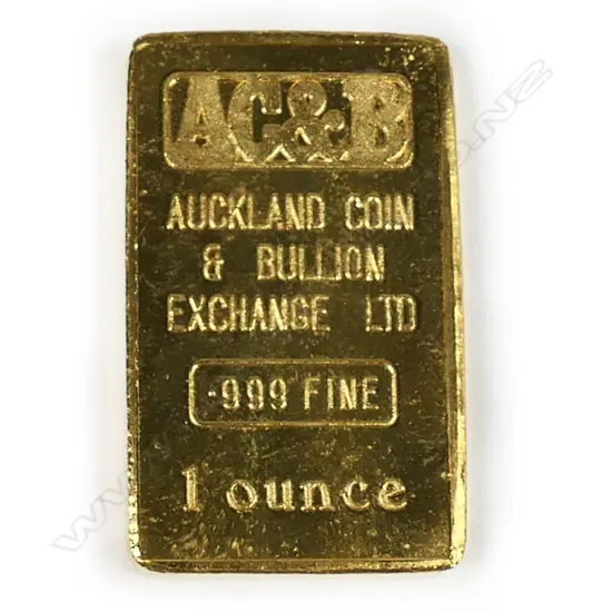 # An Auckland Coin and Bullion one-ounce .999 gold ingot,  cast maker's details. In cellophane sleeve. With copy of purc