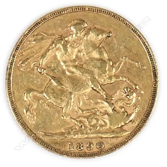 # An 1890 gold full sovereign. British Mint. Victoria's head