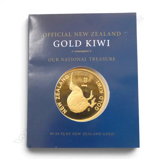 A 'Gold Kiwi' 1oz 99.99 pure gold coin issued by New Zealand Mint, in original plastic case with printed card interior.