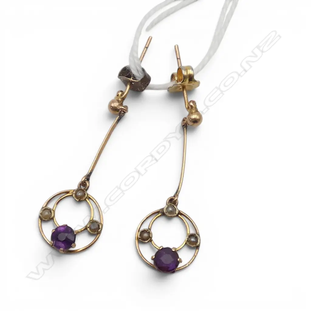 PR EARLY 20thC 9ct GOLD AMETHYST & PEARL DROP EARRINGS 1.3gms Image 1++