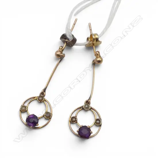 PR EARLY 20thC 9ct GOLD AMETHYST & PEARL DROP EARRINGS 1.3gms