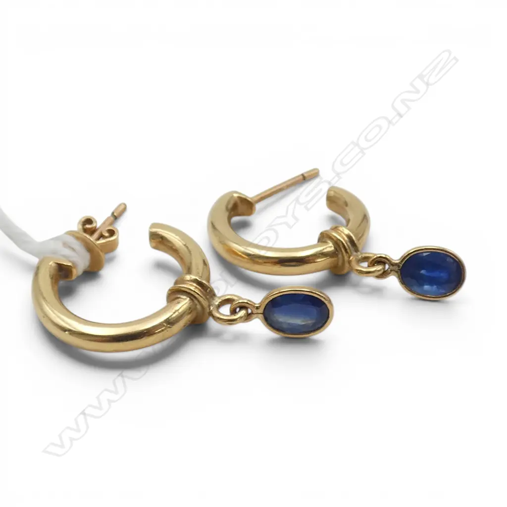 PR 18ct GOLD & SAPPHIRE DROP HOOP EARRINGS 1 butterfly only. 7.6gms Image 1++