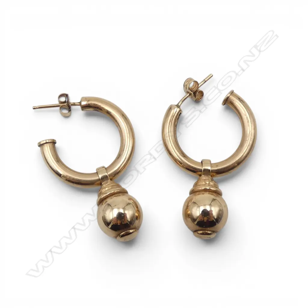 PR 9CT HOOP EARRINGS 20mm dia w. BALL PENDANTS L.35mm, 6.9gms Image 1++