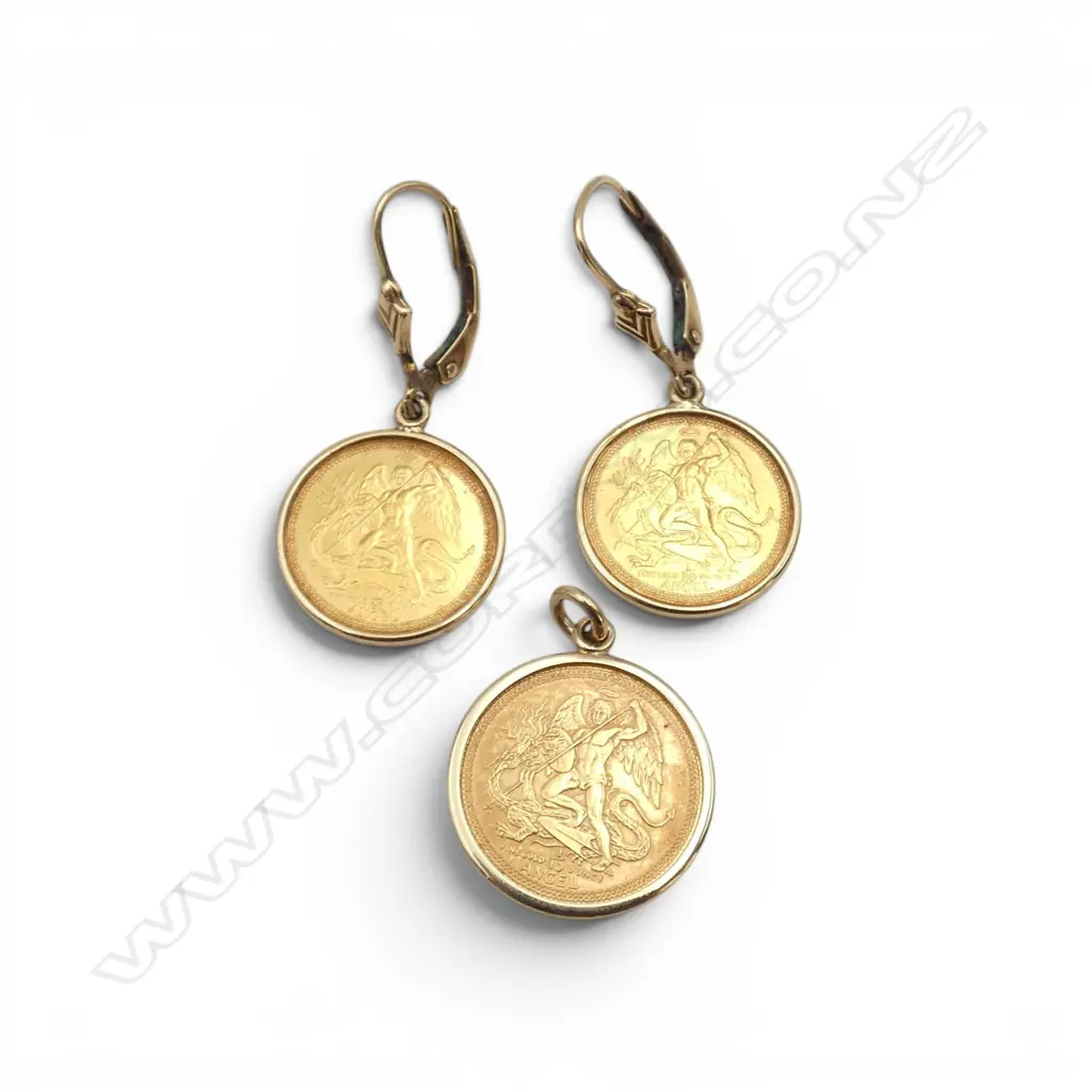 PR 99 GOLD EARRINGS (1986 ISLE OF MAN 1/20th OUNCE) & PENDANT (1986 ISLE OF MAN 1/10th OUNCE) SET IN 9CT 8.23gms TOTAL Image 1++