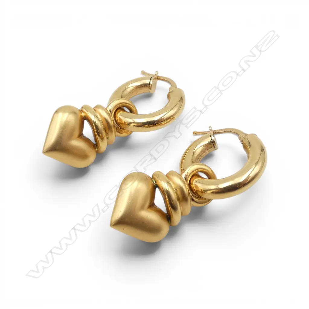PR 18CT EARRINGS; HOOPS w. HEART DROPS 13.9gms (DROPS EX HARTFIELDS PARNELL) Image 1++