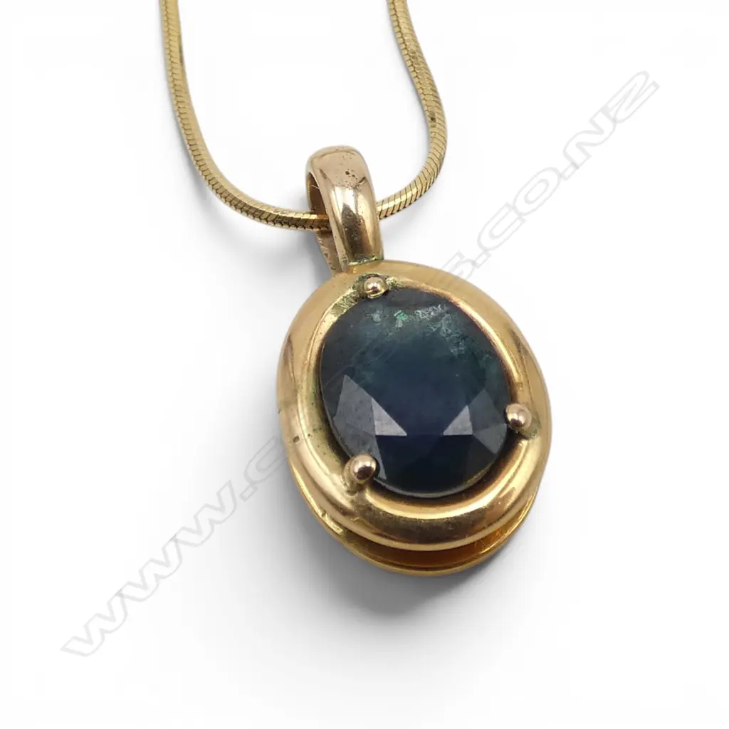 14ct GOLD & SAPPHIRE PENDANT NECKLACE fine snake link 14ct gold chain. 5.22gms Image 1++