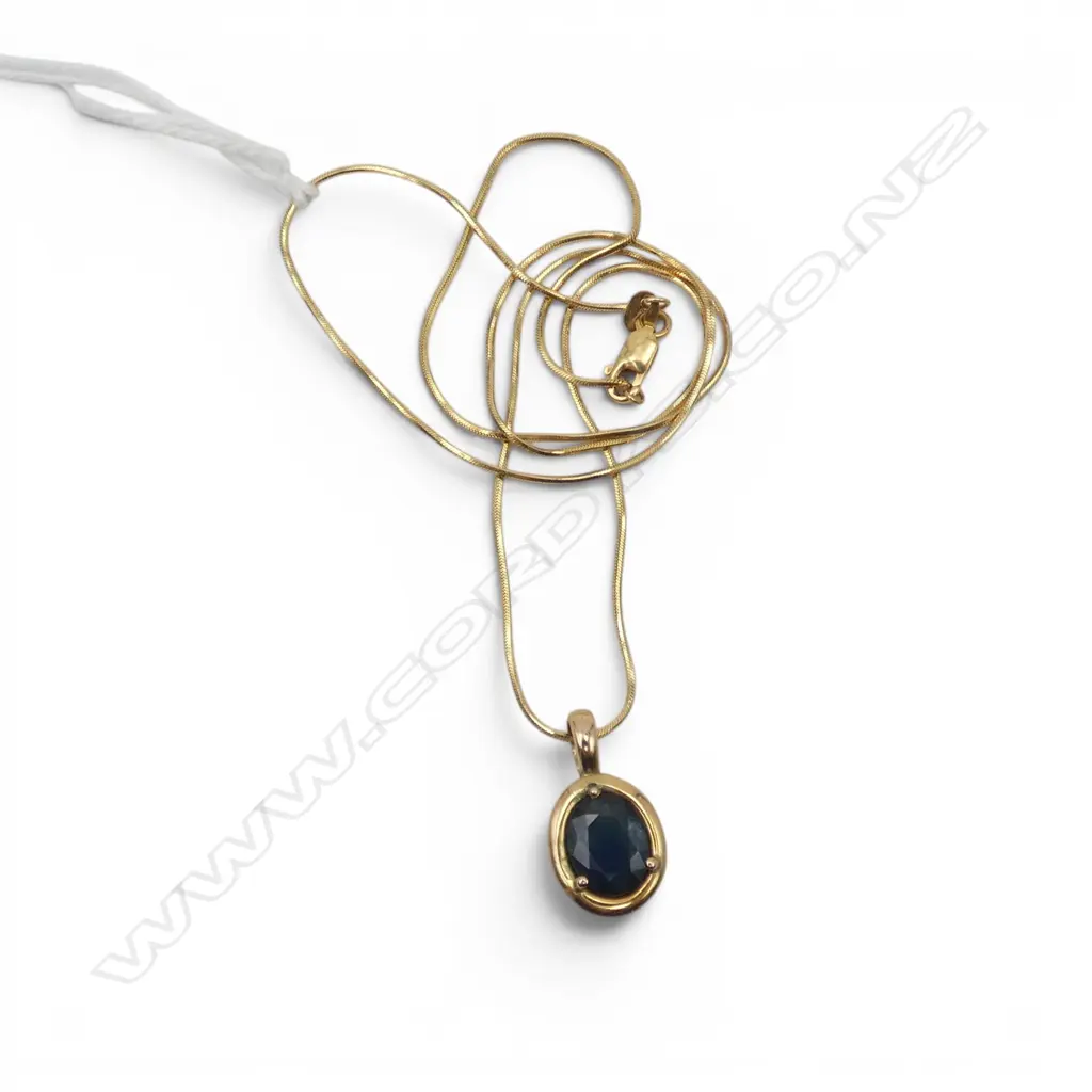 14ct GOLD & SAPPHIRE PENDANT NECKLACE fine snake link 14ct gold chain. 5.22gms Image 1++