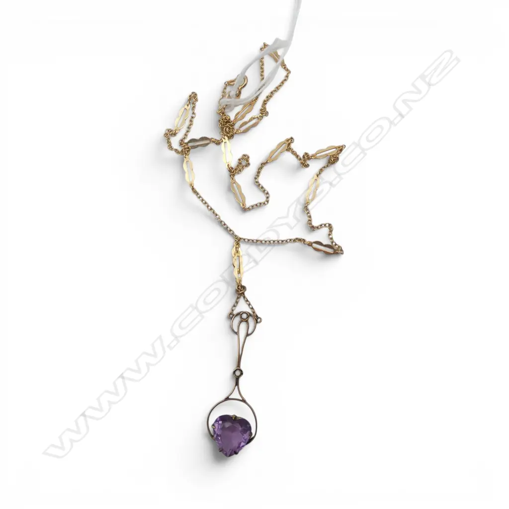 ART NOUVEAU 9ct GOLD & AMETHYST PENDANT on 14ct CHAIN 9ct clasp. 6.6gms Image 1++