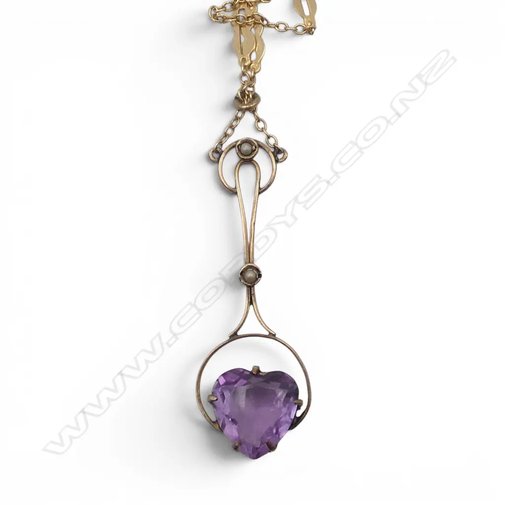 ART NOUVEAU 9ct GOLD & AMETHYST PENDANT on 14ct CHAIN 9ct clasp. 6.6gms Image 1++