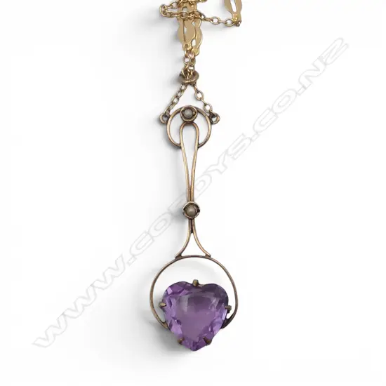ART NOUVEAU 9ct GOLD & AMETHYST PENDANT on 14ct CHAIN 9ct clasp. 6.6gms