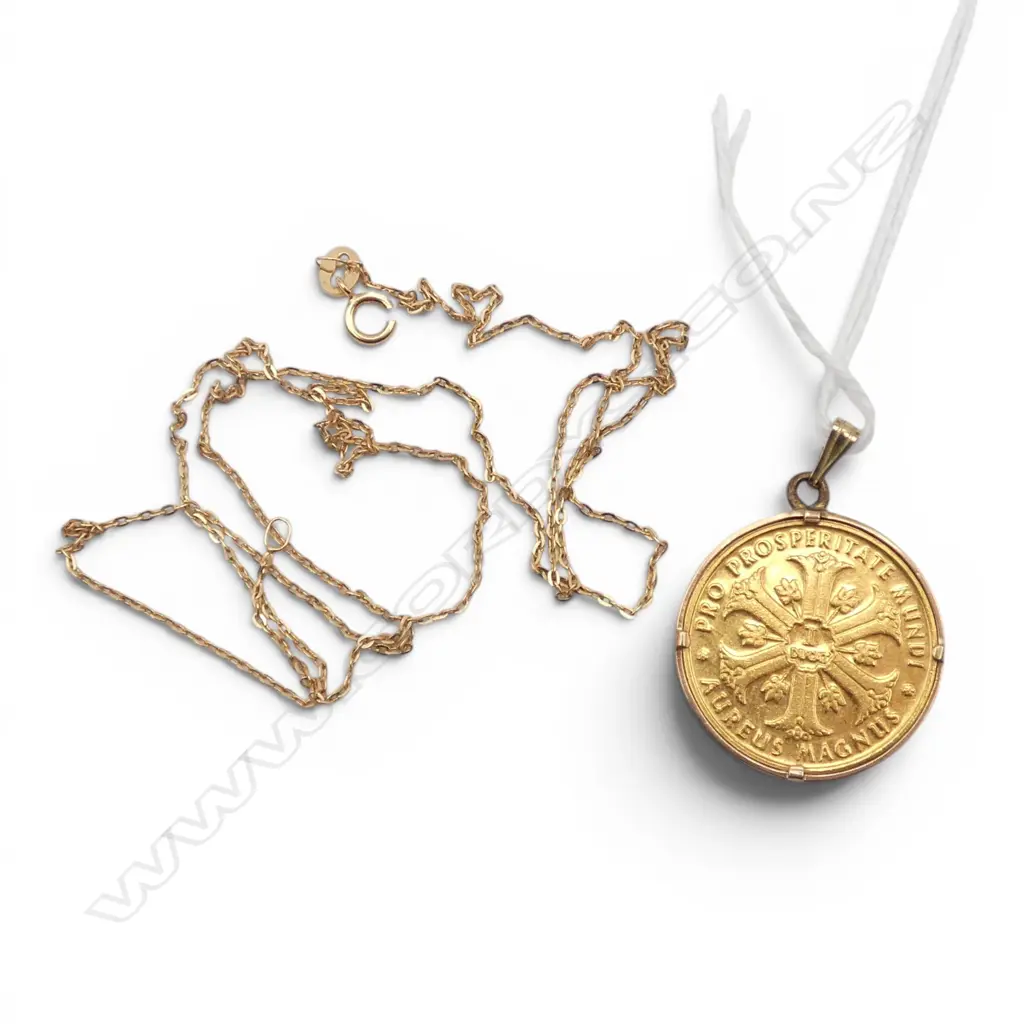 GOLD HUNGARIAN JFK COIN 22.11.63 (23.5ct 4.15gms) ON BROKEN 9CT CHAIN 0.9gms Image 1++