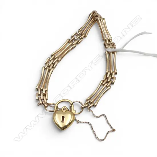 9ct GOLD GATE LINK BRACELET w heart padlock 13gms