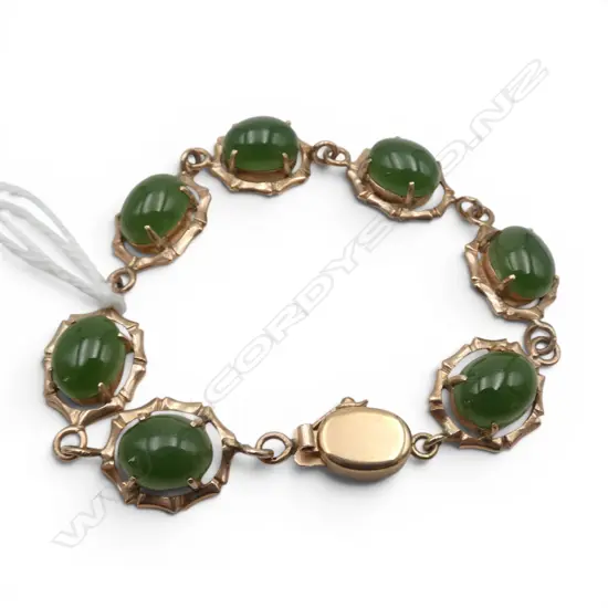 9ct GOLD & JADE BRACELET, 11.75gm, L.150mm small size 16cm. Marked 18ct but testing 9ct