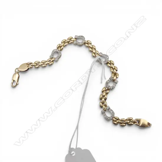 14CT BRACELET w. DIAMOND HORSE SHOE LINKS L.205mm, 14.9gms
