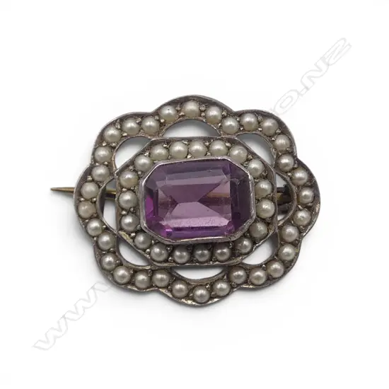 VINTAGE SILVER AMETHYST & PEARL BROOCH