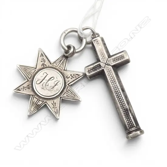 c1900 uncommon SILVER CRUCIFIX PROPELLING PENCIL & STAR FOB MEDALLION showing wear