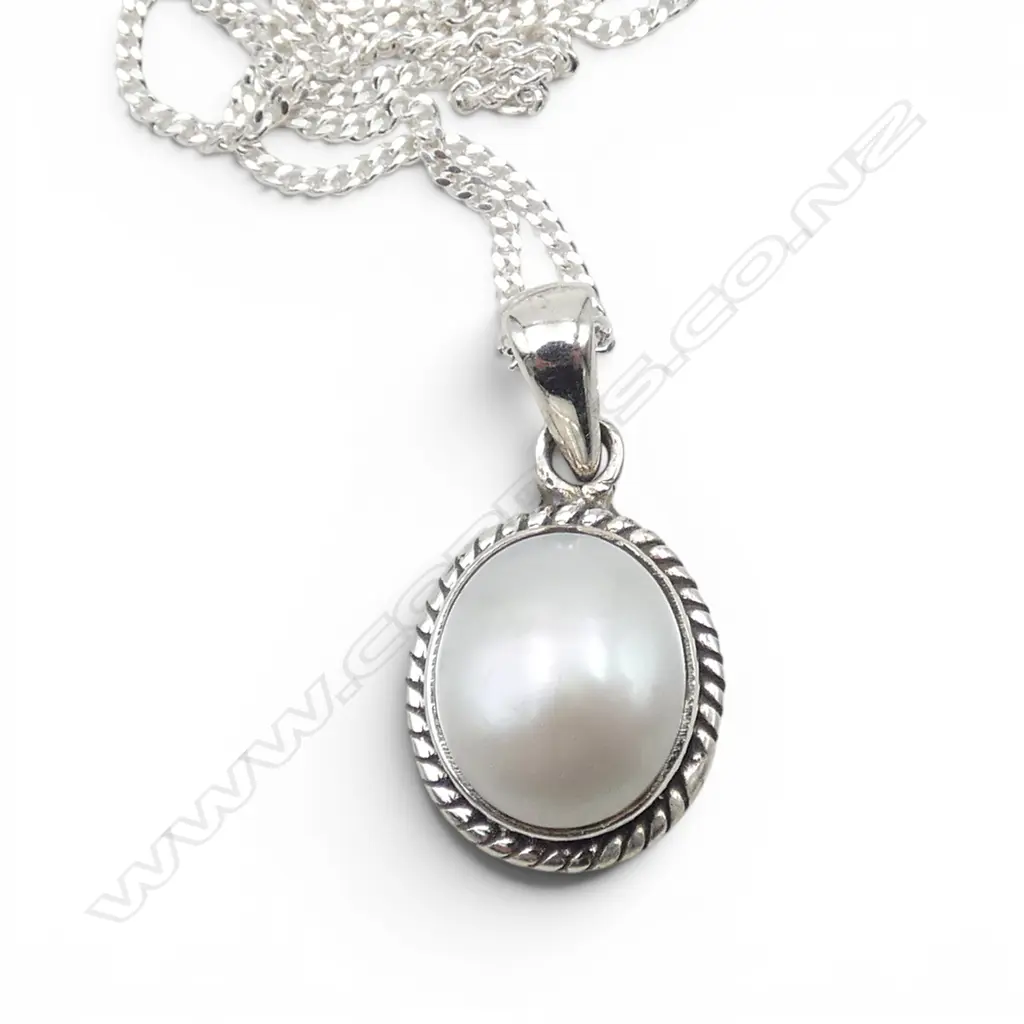 SILVER SET PEARL PENDANT on SILVER CHAIN, L.440mm Image 1++