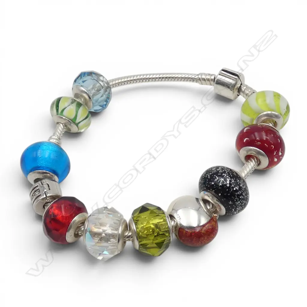 SILVER MURANO GLASS BEAD AND CHARM BRACELET - Pandora style Image 1++