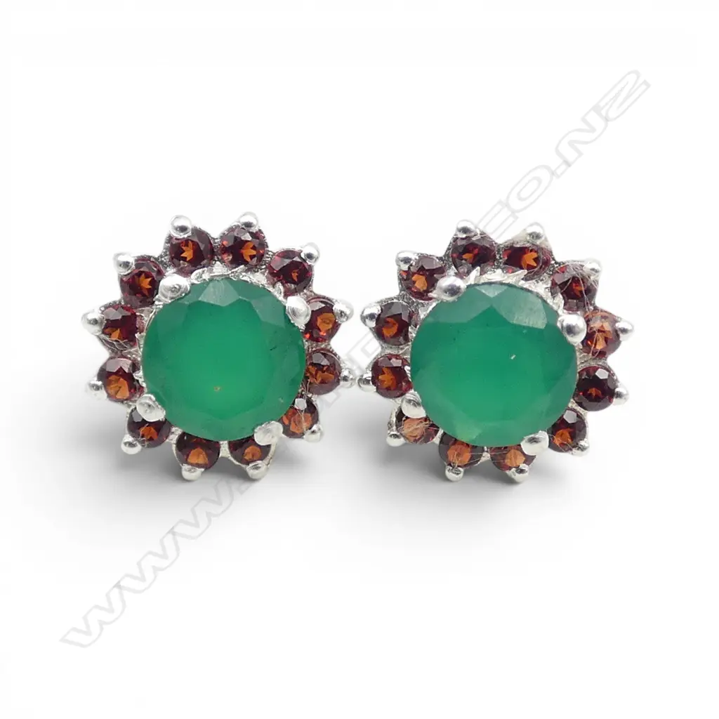 PR SILVER GREEN ONYX & GARNET EARRINGS Image 1++